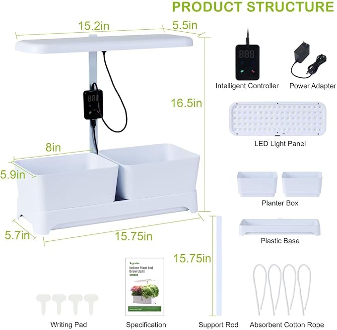 Indoor Garden Led Grow Light Planter Pots, Herb Kitchen Garden Grow Kit, Full Spectrum LED Plant Light for Plants, Height Adjustable Growing Lamp with Intelligent Controller (White, 16*6.3*7.1 inch)