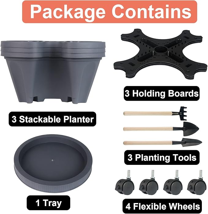 GameXcel Vertical Planter Tower- 3 Tier Stackable Garden Planter with Wheels and Tool Set – Grow Strawberries Herbs Flowers and Vegetables - Indoor Outdoor Use Dark Gray
