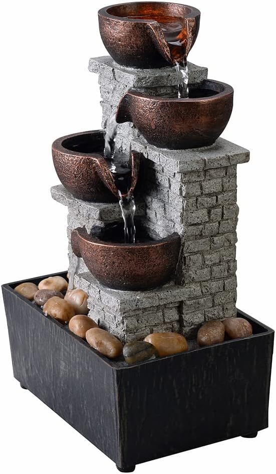 Kalona Tabletop Waterfall Fountain, 4-Tier Indoor Water Fountain, Cascading Bowl with LED Lights and Rocks for Home Office Decoration, Relaxing Desk Fountains(21132B)