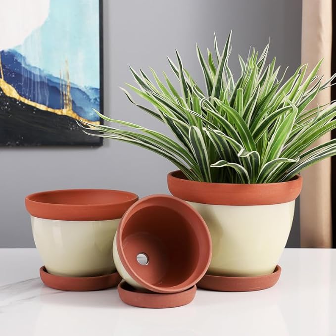 Yishang Glazed Terracotta Pots with Saucers, Set of 3, 5", 6", and 7" Sizes, Ceramic Clay Planter Pots with Drainage Holes - Yellow