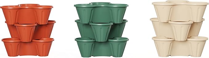 Set of 3 Stacking Planter Tower - 3-Tier Space Saving Flower Pots - Indoor/Outdoor Vertical Herb and Vegetable Planter by Pure Garden (Hunter Green)
