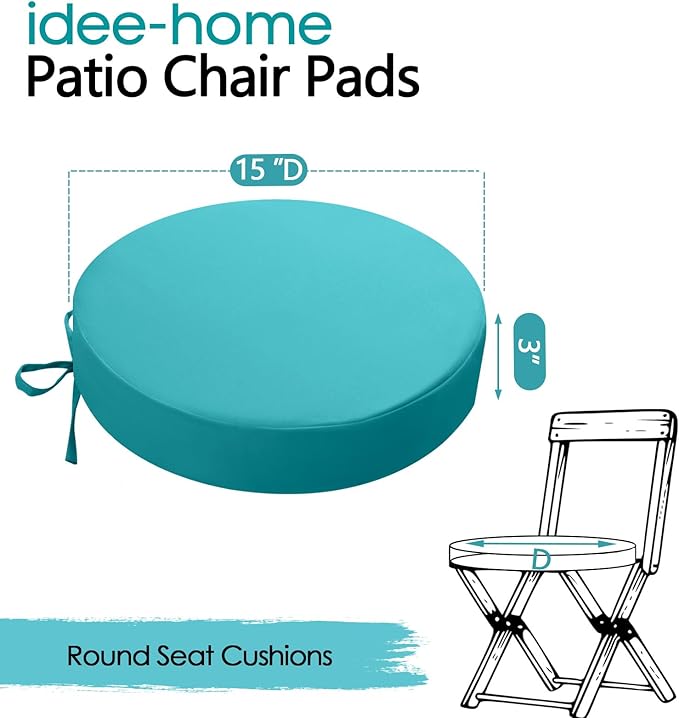idee-home Outdoor Bistro Chair Cushions, 15”x15”x 3” Thick Outdoor Round Seat Cushions Set of 4 with Ties, Waterproof Round Patio Furniture for Garden