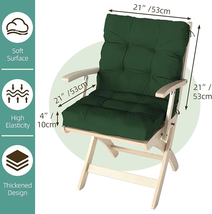 Outdoor Chair Cushion, 42x21x4 Inch Patio Cushions for Dining/Rocking Chairs, High Back Soft Seat Pad with Ties, Indoor Outside Use, Fade-Resistant & Waterproof, Dark Green