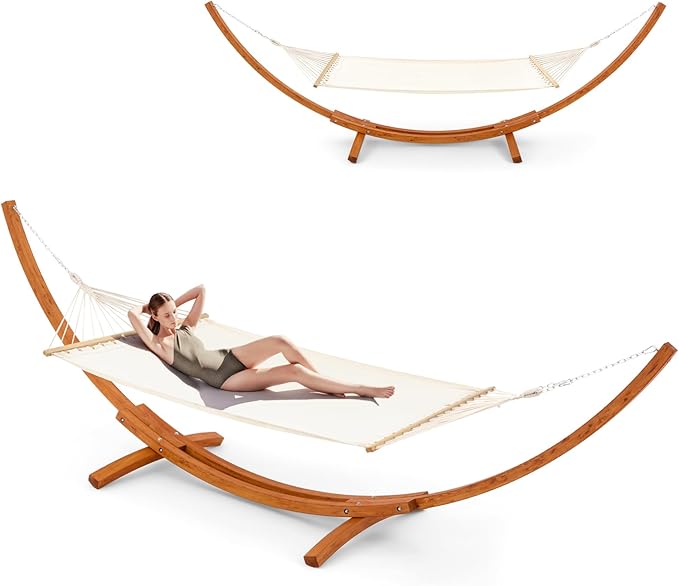 ECOTOUGE 14 FT Hammock with Stand for Outside, 2 Person Heavy Duty Wooden Hammock Stand, Large Hammock Bed for Porch, Patio, Balcony, Garden, Backyard, White-Yellow