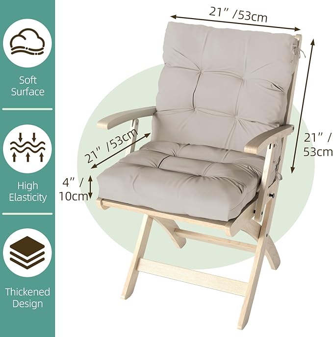 Outdoor Chair Cushion, 42x21x4 Inch Patio Cushions for Dining/Rocking Chairs, High Back Soft Seat Pad with Ties, Indoor Outside Use, Fade-Resistant & Waterproof, Beige