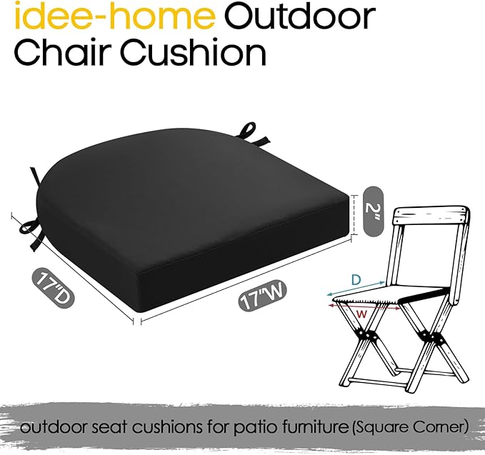 idee-home Outdoor Chair Cushions Set of 2, Thick 17" x 17" x 2" Outdoor Seat Cushions Patio Furniture Waterproof with Ties, Dining Pads