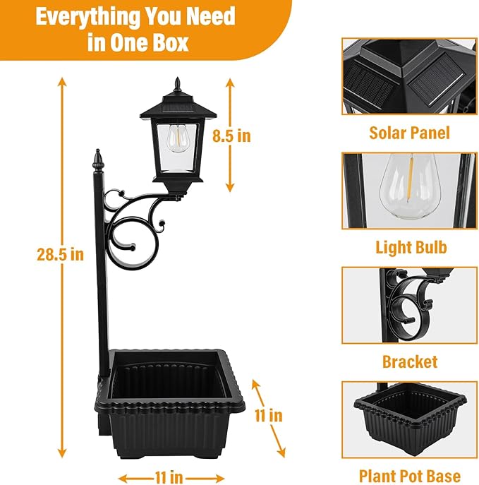 Solar Lamp Post Light with Planter, 2 in 1 Outdoor Flower Pots, Wall Mount or Freestanding Waterproof Solar Post for Lawn, Patio, Front/Back Door