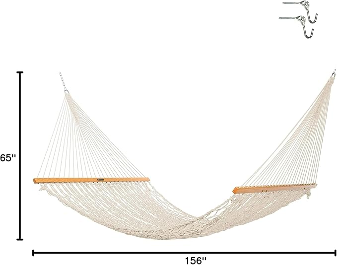 Original Pawleys Island Deluxe Oatmeal DuraCord Rope Hammock – 13 ft. x 65 in, 2-Person, 450 lb Capacity, Oak Spreader Bar, Zinc-Plated Hardware, Handcrafted in The USA