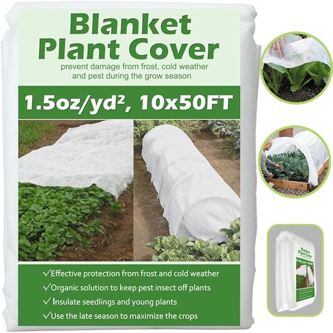 Plant Covers Freeze Protection 10 ft x 50 ft Floating Row Cover 1.5 oz/yd² Garden Fabric Plant Cover for Winter Frost/Sun Pest Protection (10FT X 50FT)