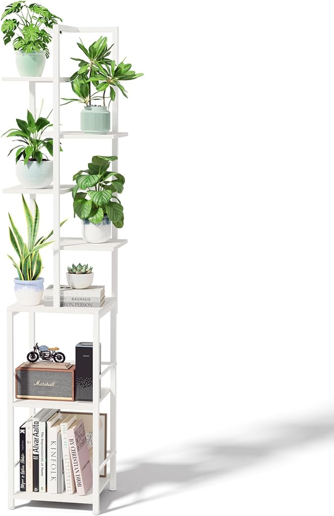Plant Stand Indoor with Grow Light, 7-Tiered Tall Plant Stand Indoor, Metal Plant Shelf with Bookshelf Bookcase and Adjustable Light, Ideal for Living Room, Reading room, Garden, Patio (white)