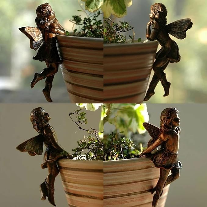 4PCS Miniature Fairies Pot Huggers Garden Planter Pot Hanger Flower Pot and Vase Huggers Resin Vintage Bronze Angel Statue Flying Fairies Figurines Home Office Desk Ornaments