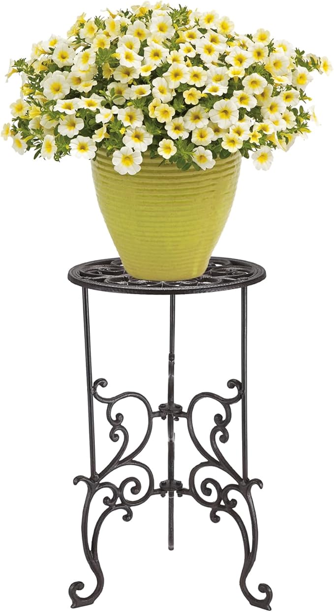 OwnMy Heavy Duty Cast Iron Plant Stand Indoor Outdoor Vintage Wrought Iron Round Flower Pot Holder Stand, 19.3" Tall Decorative Large Potted Plant Stand for Home Garden Patio, Retro-Brown