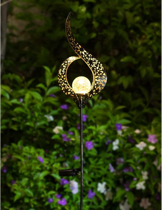 HOMEIMPRO Outdoor Garden Solar Lights Stake Waterproof, Mothers Day Gifts Mom, Crackle Glass Metal Flower LED Yard Art Ornaments Lights for Pathway, Lawn or Courtyard,Gardening Gifts Women (Bronze)