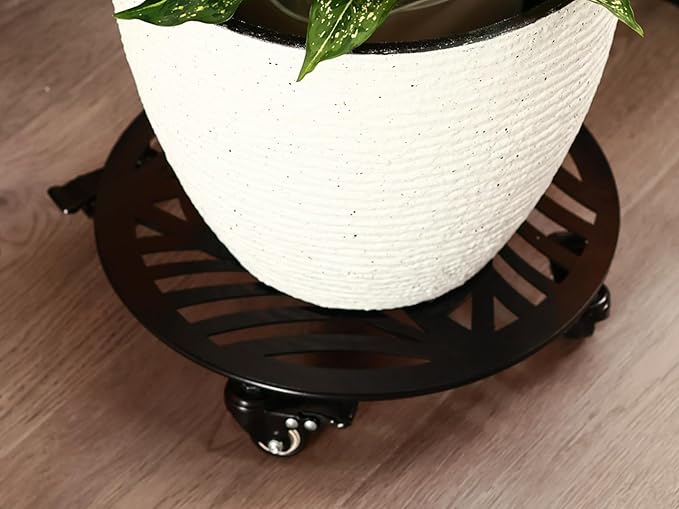 Planterhoma 2 Packs 16 Inch Extra-Large Metal Plant Caddy with Wheels - Heavy-Duty Iron Rolling Plant Stand - 360 Locking Wheels - Indoor/Outdoor - Black