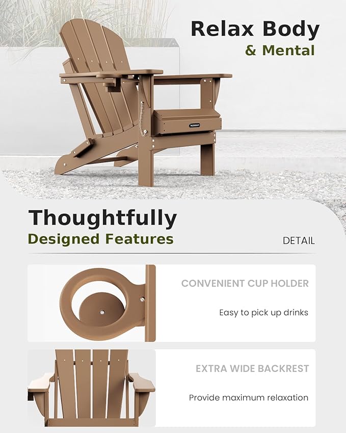 MUCHENGHY Folding Adirondack Chairs 4 Pack, Patio Chairs, Lawn Chairs, Outdoor Chairs, Adirondack Chair Plastic, Fire Pit Chairs, Weather Resistant with Cup Holder for Deck, Backyard, Garden(Teak)