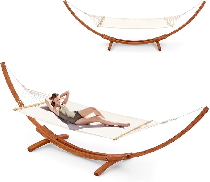 ECOTOUGE 12 FT Hammock with Stand for Outside, Single Person Heavy Duty Wooden Hammock Stand, Large Hammock Bed for Porch, Patio, Balcony, Garden, Backyard, White-Yellow