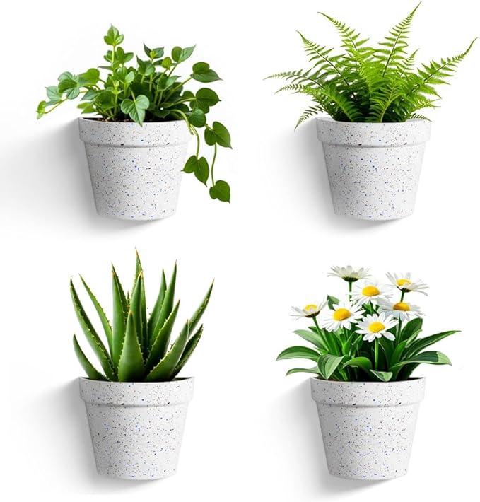 2 Pack Plastic Wall Planter for Indoor Plants, 7.5 Inch Hanging Wall Planter Pots, Wall Mounted Succulent Planters (Speckled White)