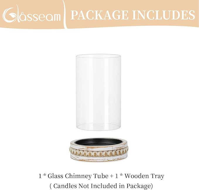 Glasseam Glass Hurricane Candle Holder, Decorative Candle Holders for Pillar Candles, Boho Candle Holders for Table Centerpiece, Glass Cylinder With Wood Beaded Candle Plate for Dining Room Decoration