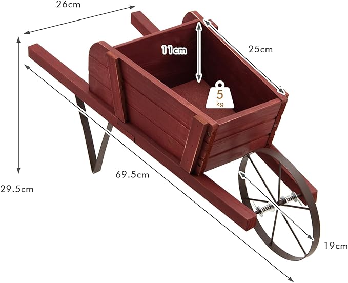 S AFSTAR Wood Wheelbarrow Planter, Flower Plant Pot Wheelbarrow Cart w/Metal Wheel & 9 Replaceable Magnet Accessories, Wooden Wagon Planter Wheelbarrow Decor for Outdoor Garden Backyard (Red)