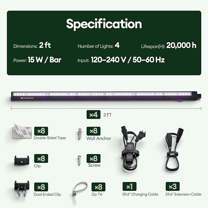 Plant Grow Light 2ft, Tunable Full Spectrum LED Grow Light Strips 60W (4 x 15W), T5 Growing Lamp with Timer & Dimming Controller for Indoor Plants, Greenhouse, High PPFD, 4-Pack