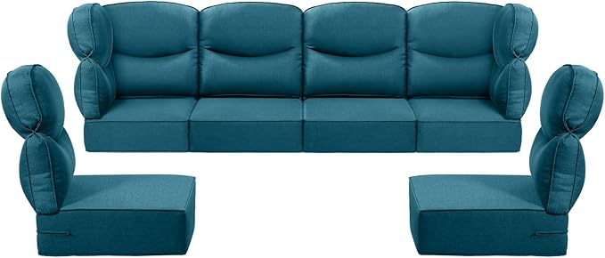 Luxury 24x24x6 Outdoor Seat Cushions for 6-Seat Sectional Sofa Set of 6 - Water-Repellent 14-Piece Patio Cushion Set for Outside Wicker Loveseat Chair L-Shape Couch - Peacock Blue/Smile
