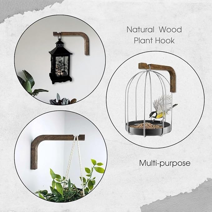 EvenWood 2-Piece Set of Plant Hooks for Wall 6 Inch - Mounted Wooden Plant Hook - Indoor and Outdoor Bracket Plant Hanger for Planters, Lanterns, Bird Feeders, Patio Decorations (Walnut)