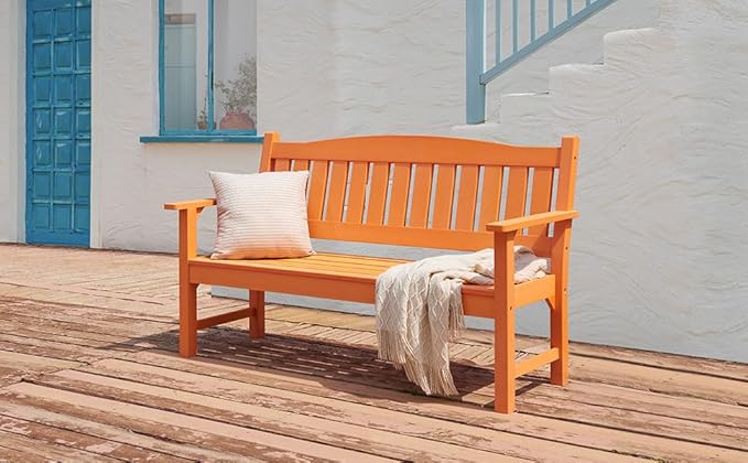 Psilvam 3-Person Outdoor Memorial Bench, All-Weather Poly Lumber Garden Bench, Rot-Resistant Outdoor Patio Bench for Park,Porch,and Church(Orange)
