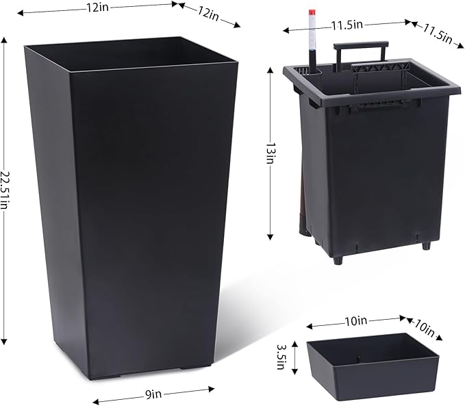 GarveeLife 22.5 in Tall Planters Set of 2, Outdoor&Indoor Black Planter Pots, High Front Porch Planter Pots with Drainage Holes&Water Level Monitor&Inner Bucket, Automatic Watering, Black