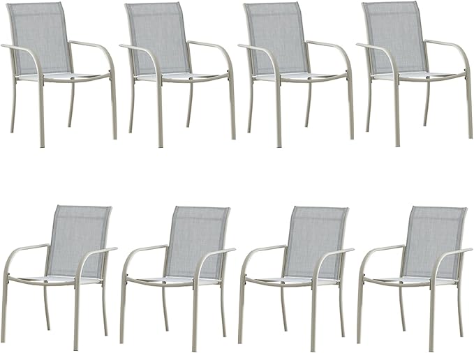 Outdoor Patio Dining Chairs Set of 8, Lightweight Stackable Patio Chairs with Curved Armrests & Wide Seat, Heavy Duty 300 lbs Capacity, Garden Chairs for Backyard, Deck, Poolside, Beige Blue