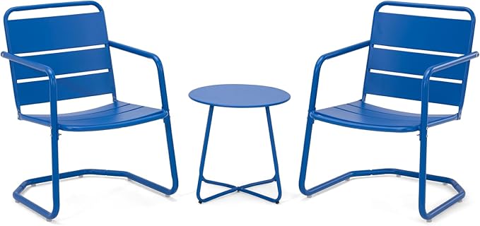 MELLCOM 3 Piece Patio Set, Small Patio Furniture Set - 2 C-Spring Metal Chairs with Round Side Table, Outdoor Bistro Set for Balcony, Front Porch, Poolside, Deck, Indoor, Blue
