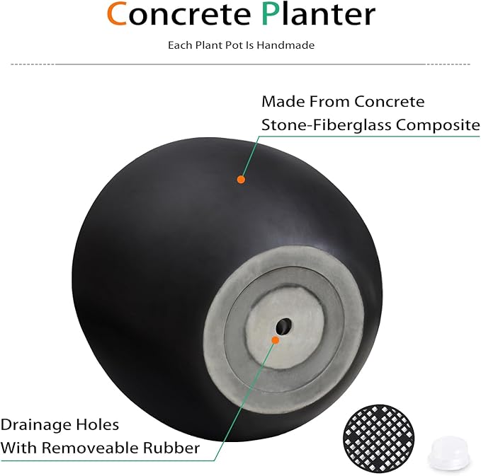Ball Concrete Planter Outdoor Indoor, Large Tall Cement Plant Pots for Trees Flowers (Black, 20 inch)