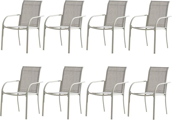 Outdoor Patio Dining Chairs Set of 8, Lightweight Stackable Patio Chairs with Curved Armrests & Wide Seat, Heavy Duty 300 lbs Capacity, Garden Chairs for Backyard, Deck, Poolside, Grey