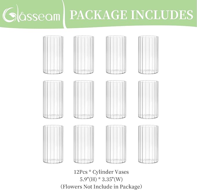 Glasseam Glass Cylinder Vases for Centerpieces: 12pcs Clear Ribbed Flower Vase for Pillar Candle - 6 Inch Modern Hurricane Floating Candle Holder for Wedding Table Centerpieces Living Room Home Decor