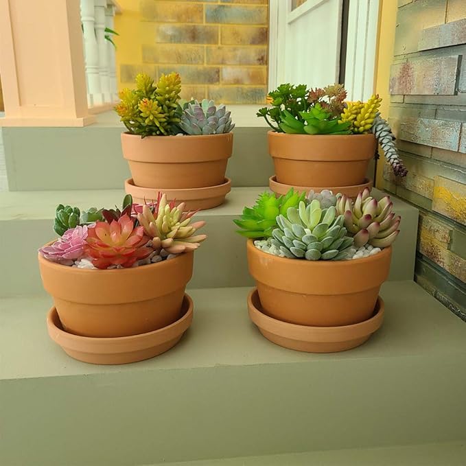 Yishang 6 Inch Terracotta Shallow Planters with Saucer/Tray,Ceramic Flower Clay Plant Pots with Drainage Hole,Unglazed Cactus/succlent Plant Containers Indoor Garden Bonsai Pots