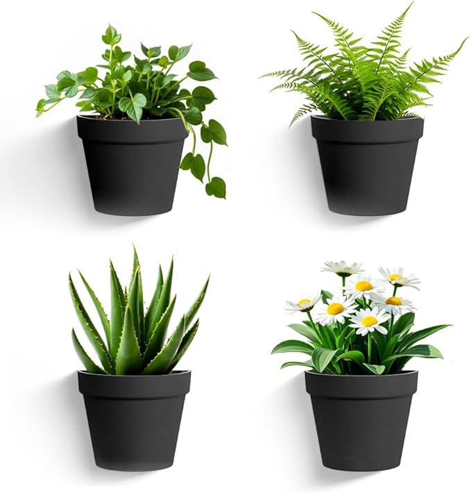 2 Pack Plastic Wall Planter for Indoor Plants, 7.5 Inch Hanging Wall Planter Pots, Wall Mounted Succulent Planters (Black)