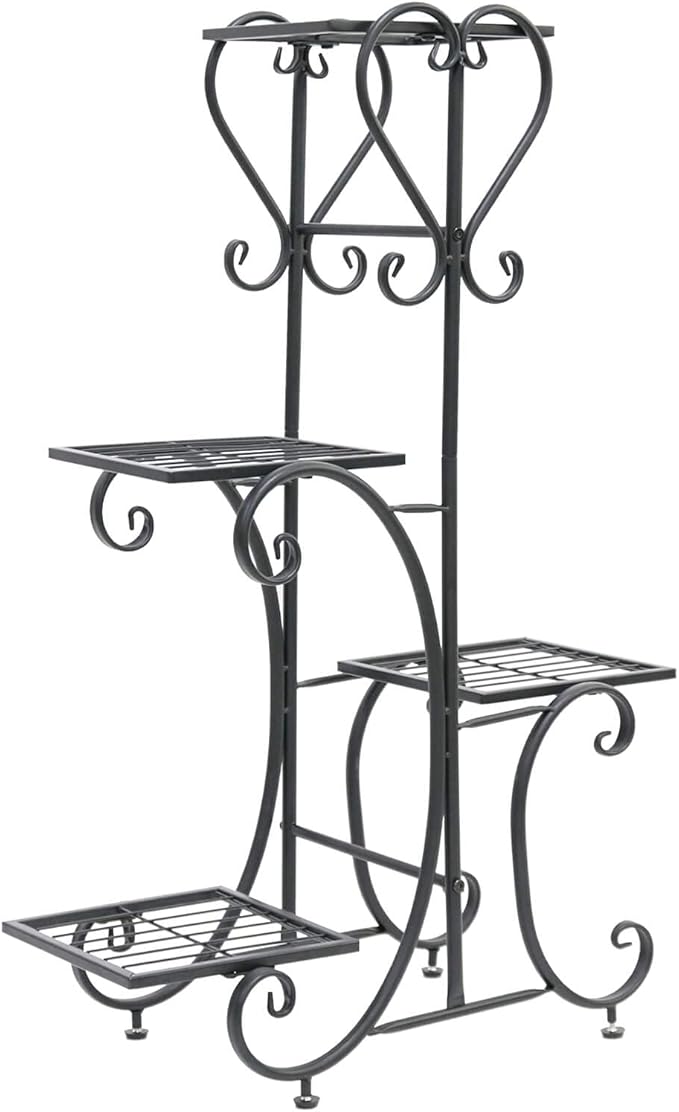 unho Metal Plant Stand Black: 4 Tier Flower Pot Display Rack with Potted Planter Shelves Indoor Storage Shelf Holder for Balcony Living Room Patio Garden Entryway Décor (Black)