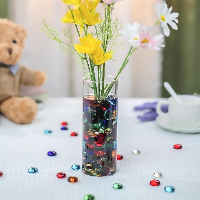 CYS EXCEL Assorted Mix Colors Glass Gemstone Beads Vase Fillers (1 LB) Flat Marble Beads Multiple Color Choices Aquarium Decor Rocks Floral Stones Decorative Mosaic Gem Pebbles (Approx. 85-100 PCS)
