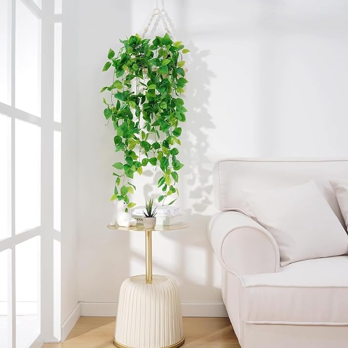 BLEUM CADE Fake Hanging Plants, 4pcs Artificial Hanging Plant, Faux Pothos Vines Greenery for Wall Home Living Room Office Indoor Outdoor Decor (No Baskets)