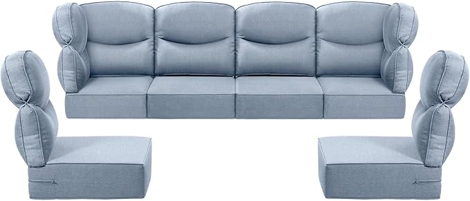 Luxury 24x24x6 Outdoor Seat Cushions for 6-Seat Sectional Sofa Set of 6 - Water-Repellent 14-Piece Patio Cushion Set for Outside Wicker Loveseat Chair L-Shape Couch - Baby Blue/Smile
