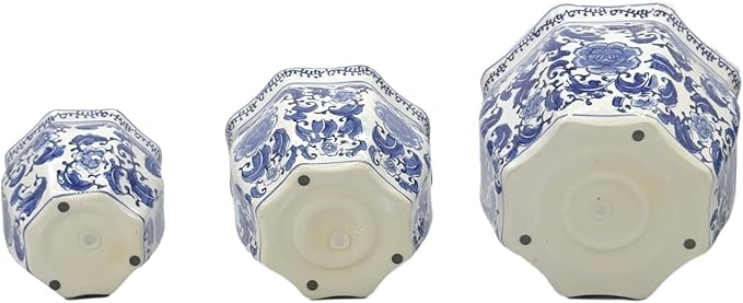 Galt International Blue & White Round Fluted Classic Floral Porcelain Ceramic Plant Flower Planter Pot Set of 3 (7.5", 10", 13") Garden Pots Chinese Asian Design