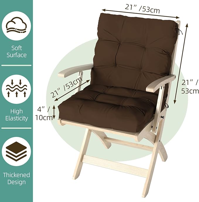 Outdoor Chair Cushions Set of 2, 42x21x4 Inch Patio Cushion for Dining/Rocking Chairs, High Back Soft Seat Pad with Ties, Indoor Outside Use, Fade-Resistant & Waterproof, Brown