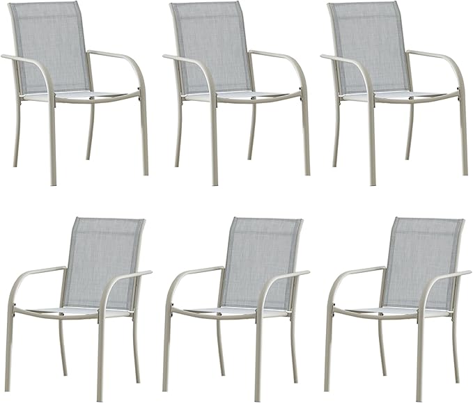 Outdoor Patio Dining Chairs Set of 6, Lightweight Stackable Patio Chairs with Curved Armrests & Wide Seat, Heavy Duty 300 lbs Capacity, Garden Chairs for Backyard, Deck, Poolside, Beige Blue