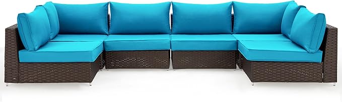 HOMREST Outdoor Replacement Cushions for Patio Furniture,Water-Repellent Sofa Cushion for 6-Seat Rattan Wicker Sectional Patio Conversation Sets,14-Piece Cushions Set for Outdoor Couch๏ผLake Blue๏ผ