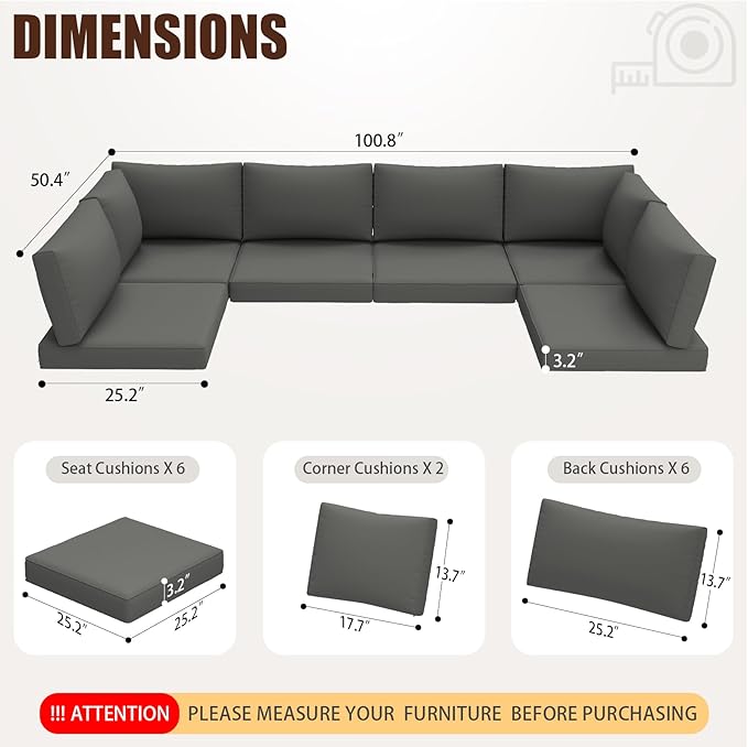 14 Pieces Replacement Patio Cushion for Outdoor Sectional Furniture, Waterproof Outdoor Cushion for 6-Seat Wicker Patio Sofa Sets, 3.2'' Thick with 25D Foam (Grey, 25.2x25.2 Inches)
