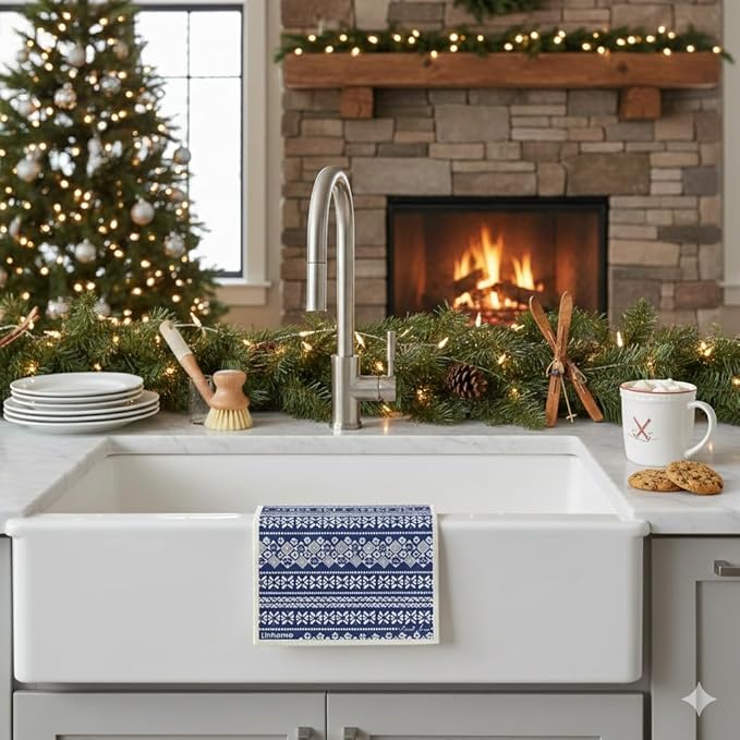 Christmas Holiday Ski Collection Swedish Dishcloth, Reusable Paper Towel, Super Absorbent Cellulose Sponge, Washable Kitchen Cleaning Cloth (Ski Sweater - 1 Pack)