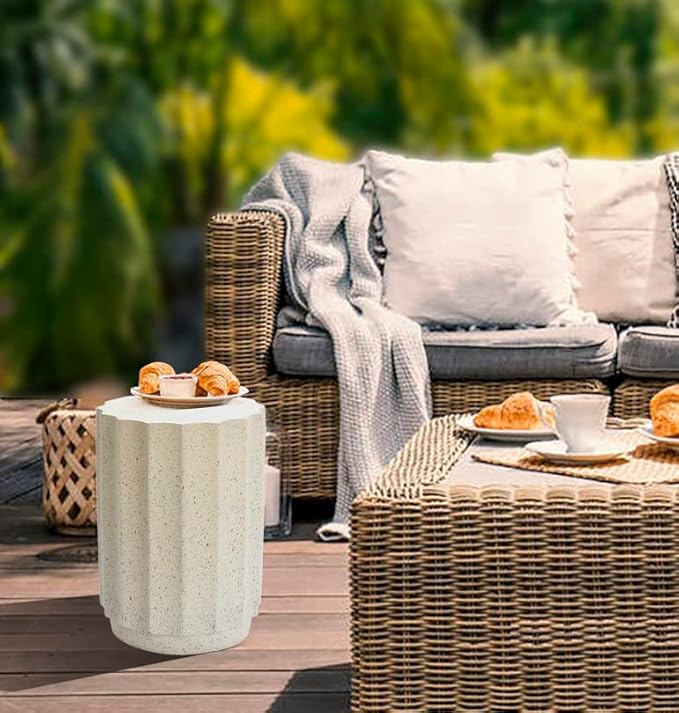 LuxenHome Outdoor Side Table, 18 Inch Cement End Tables for Patio, Garden Small Accent Decorative Stool, Tree Stump Stool Plant Stand Drum Table