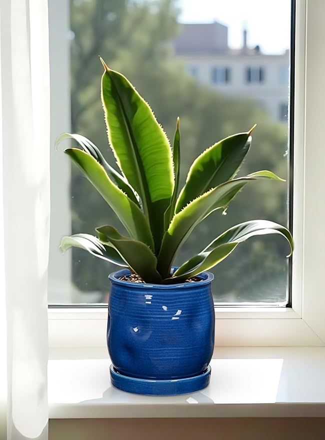 Oairse 5.7 inch Ceramic Pots for Plants, Plant Pot with Drainage Hole and Saucer Blue Ceramic Indoor Planter with Tray Decorative Flower Pots for Succulent, Cactus, Snake Plant, Herb Indoor Outdoor