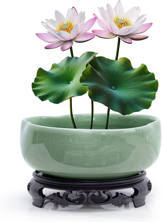 Green Ceramic Planters with Plastic Tray: 7.5" Hole-Free Lotus Bowl Planter for Hydroponic Water Lilies | Indoor/Outdoor Artistry Ice Crack Glaze Decorative Planter