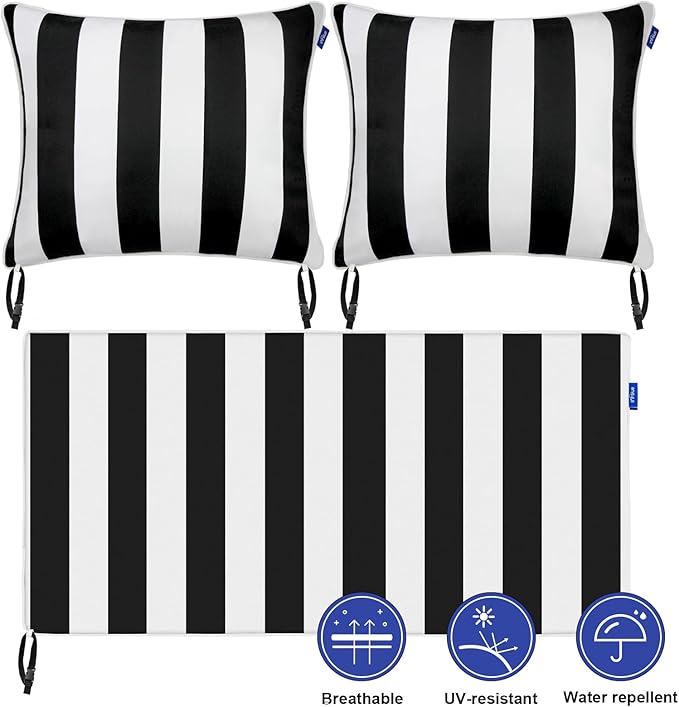 Outdoor Loveseat Cushion Set 44''x24'', Outdoor Cushions for Patio Furniture with Fastness Cover, Water Repellent Outdoor Seat Cushion and Couch Back Cushions for Bench, Swing (Black Stripes, 2 Sets)