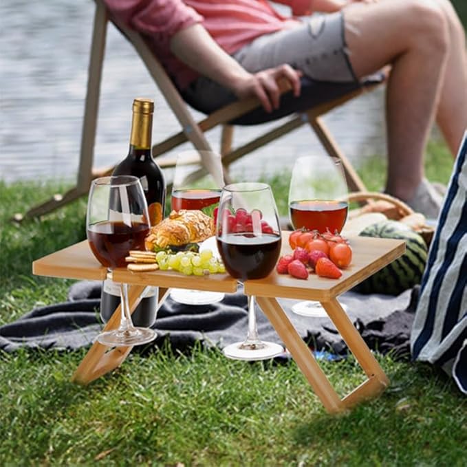 Youeon Portable Wine Picnic Table with 5 Wine Glasses Holder, Foldable Champagne Picnic Snack Table, Wine and Cheese Table for Picnic, Camping, Park, Beach, Wine Lover Gift